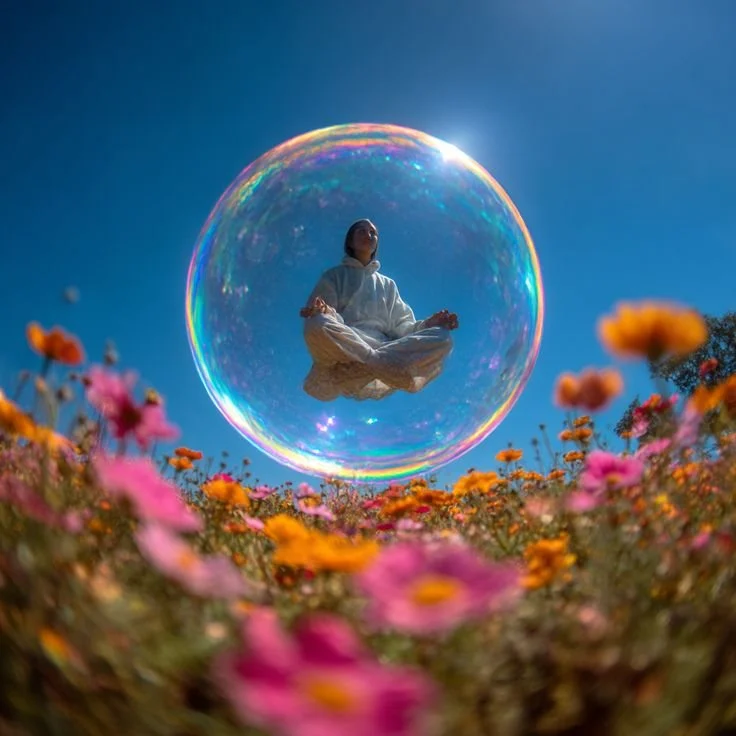 A person meditating inside a bubble above a flower meadow