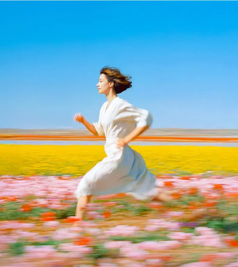 A woman in white running through a field of flowers